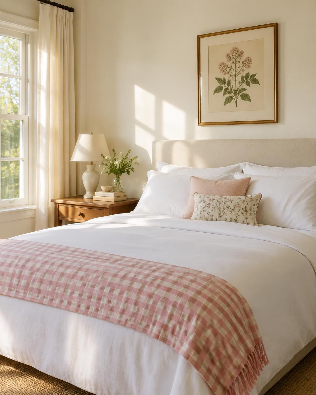 Freshly made bed in a sunlit bedroom